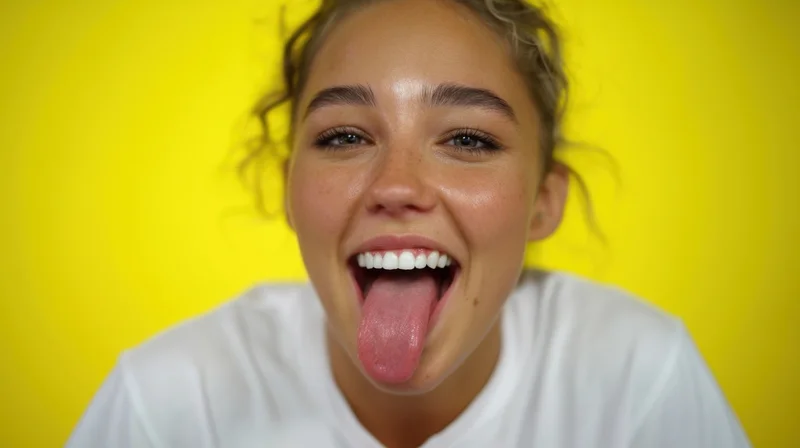 Young woman sticking out her tongue and smiling in front of a yellow background