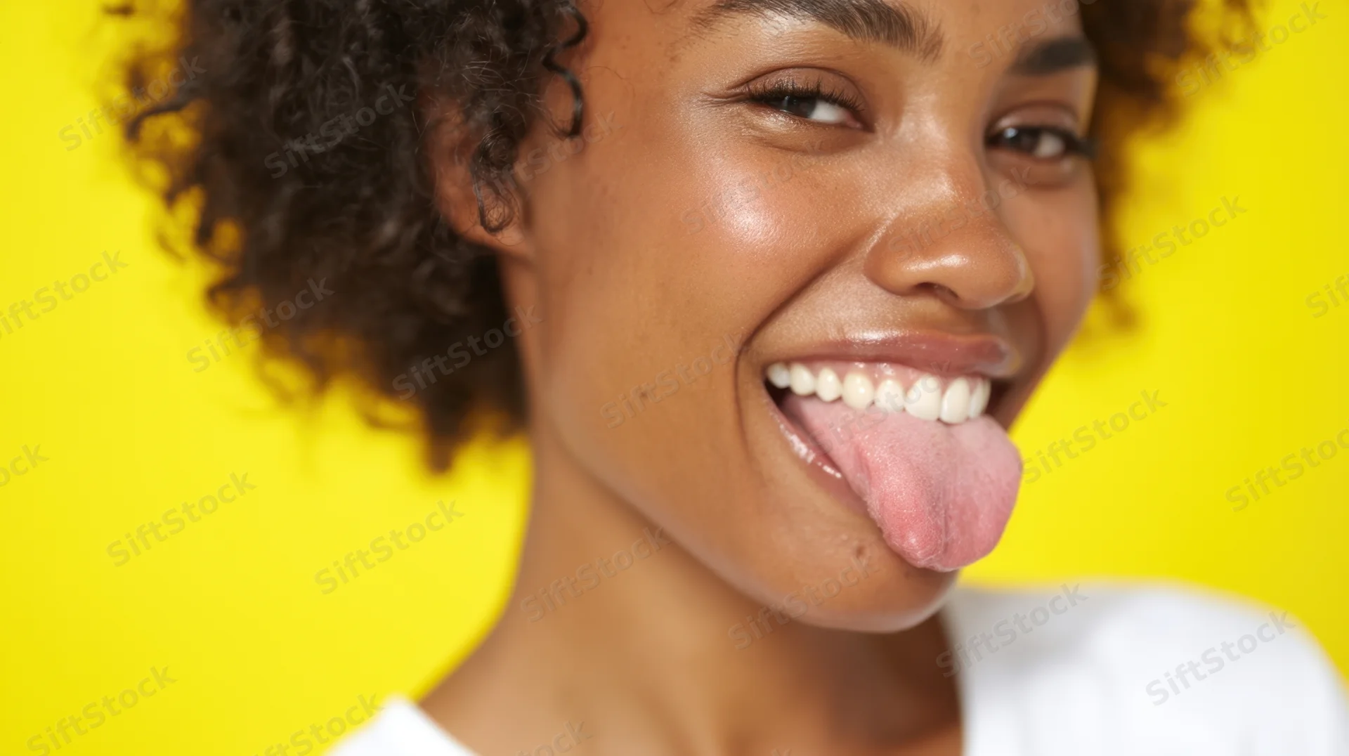 Close-up of a smiling woman sticking out her tongue against a yellow background