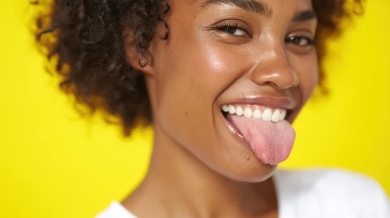 Close-up of a smiling woman sticking out her tongue against a yellow background