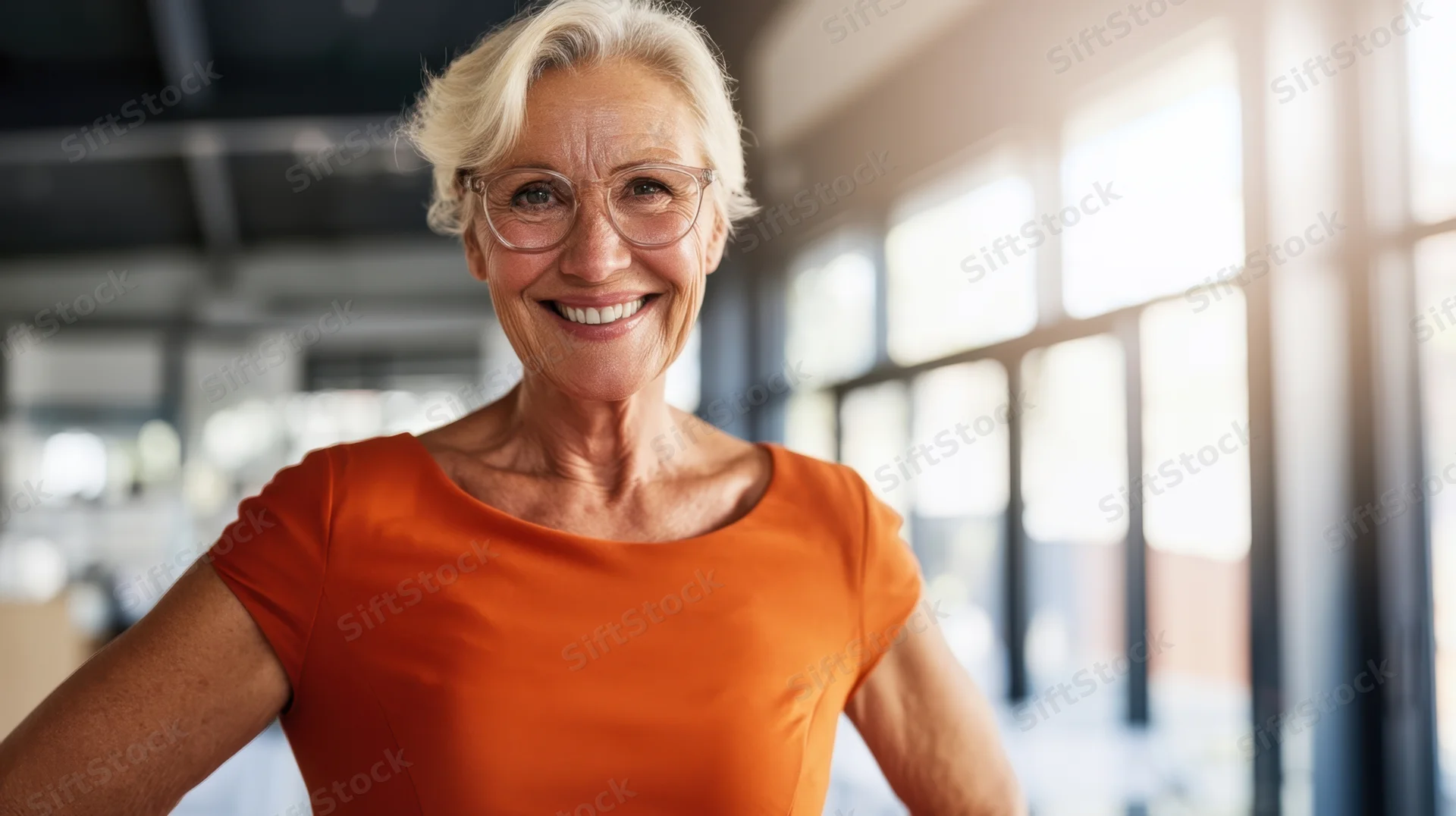 Senior woman smiling confidently in an office setting wearing glasses and an orange dress