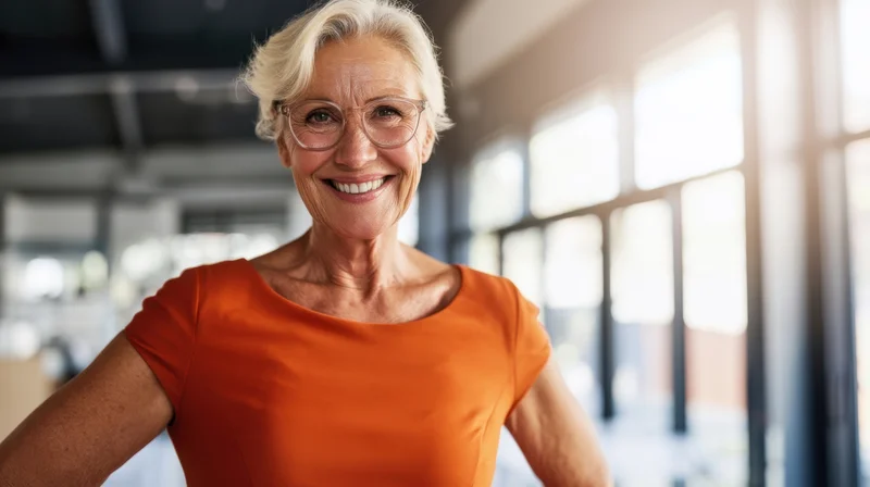 Senior woman smiling confidently in an office setting wearing glasses and an orange dress