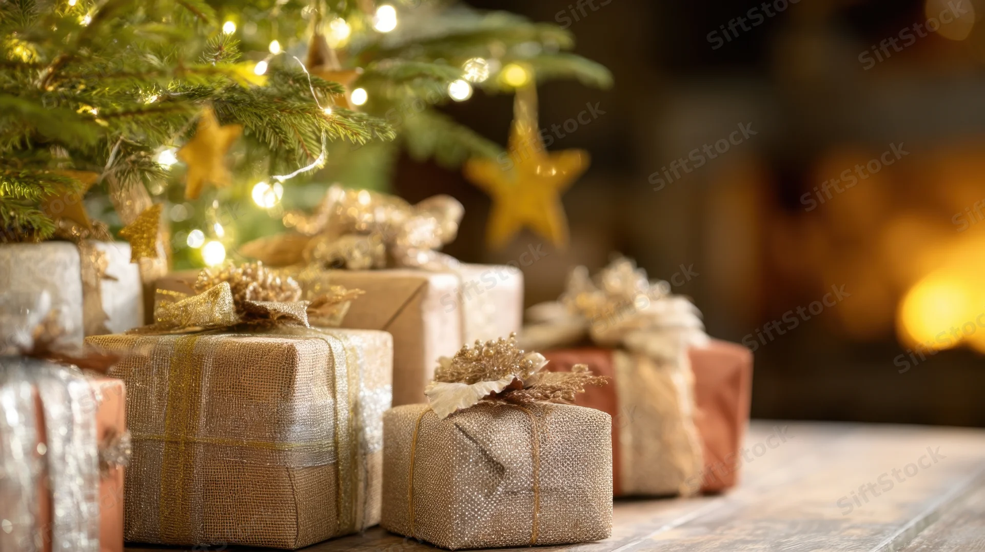 Wrapped gifts under a decorated christmas tree on a wooden table with warm lights and ornaments