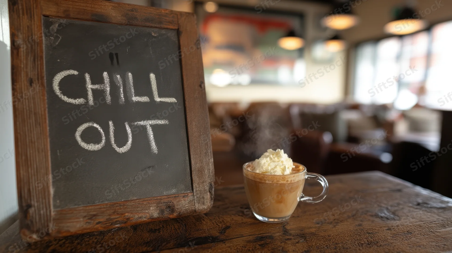Chalkboard sign reading chill out beside a steaming coffee mug on a wooden table in a cozy cafe interior