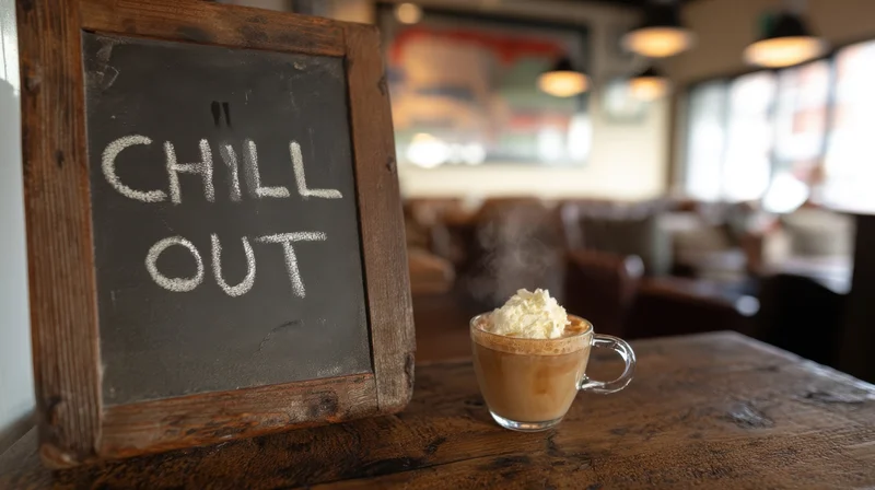 Chalkboard sign reading chill out beside a steaming coffee mug on a wooden table in a cozy cafe interior