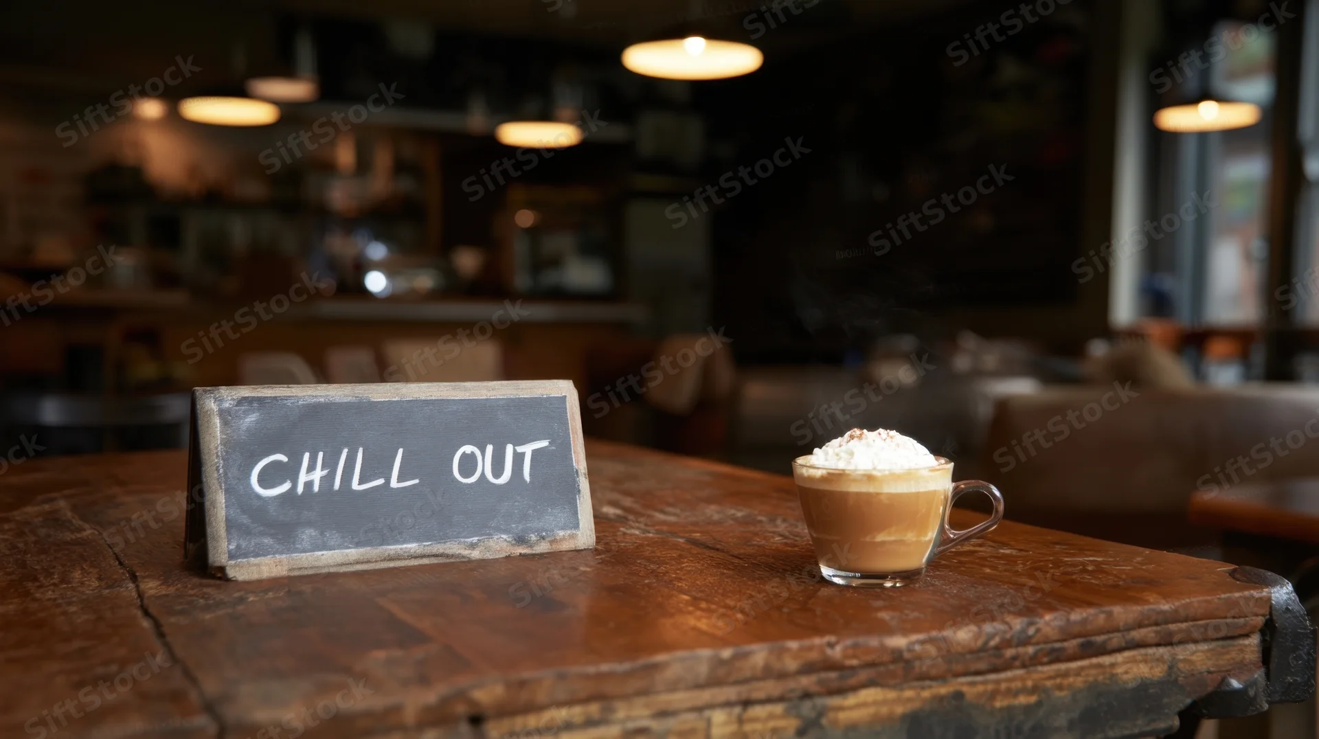 Steaming latte with whipped cream and a chalkboard sign reading chill out on a rustic wooden table in a cozy cafe interior