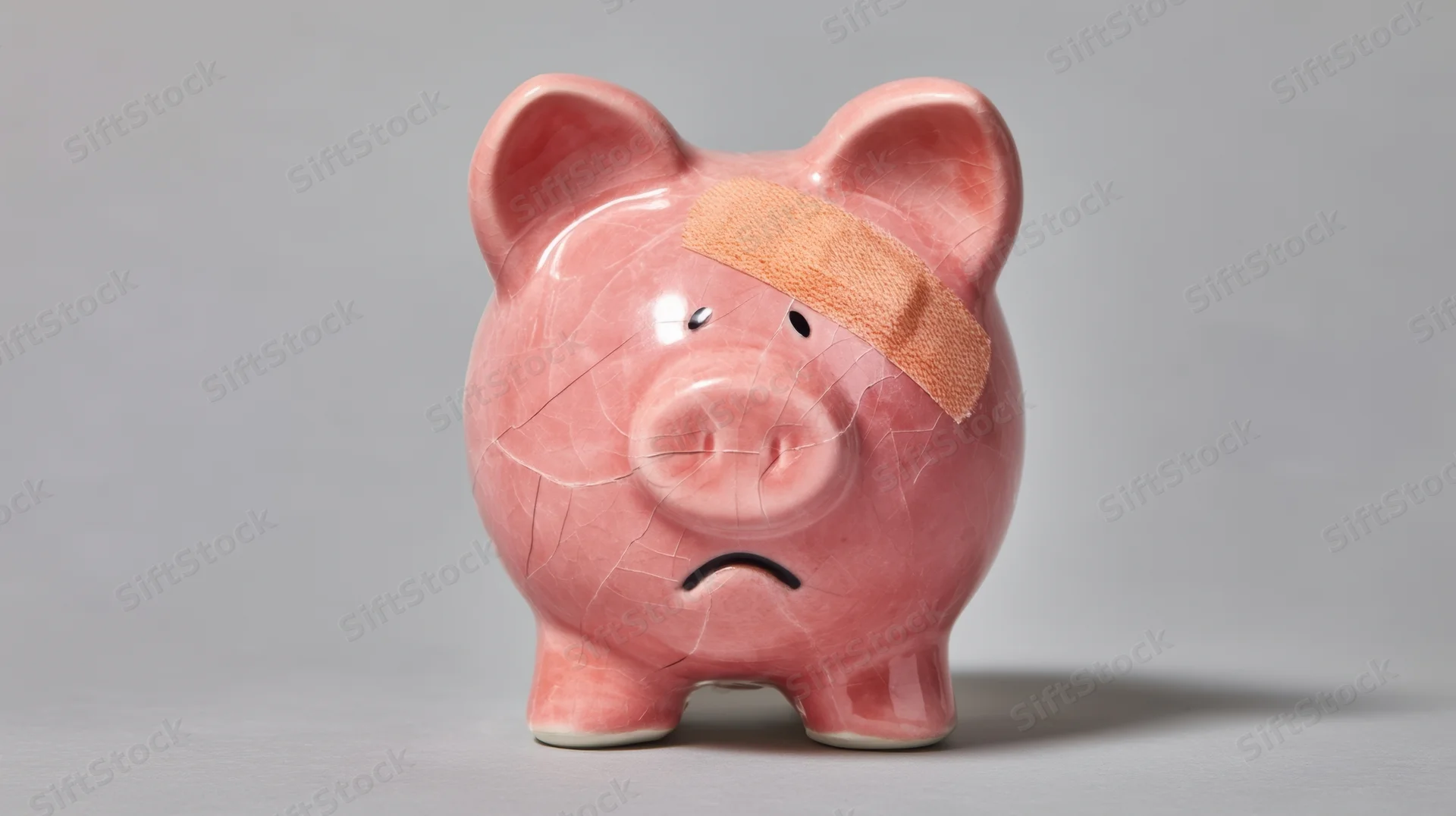 Cracked pink ceramic piggybank with bandage on forehead and sad expression, isolated on gray background