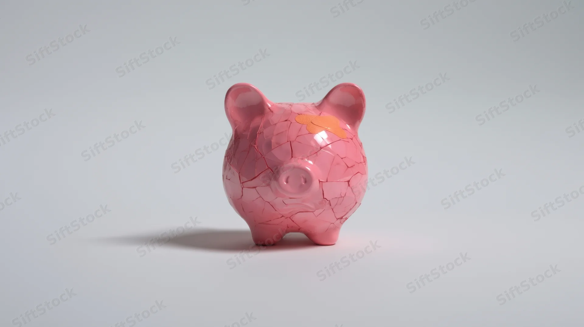 Cracked pink ceramic piggybank on white background