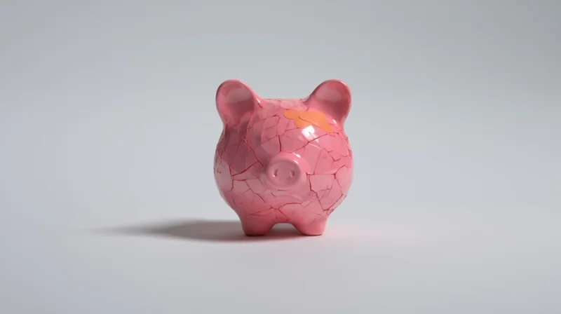Cracked pink ceramic piggybank on white background