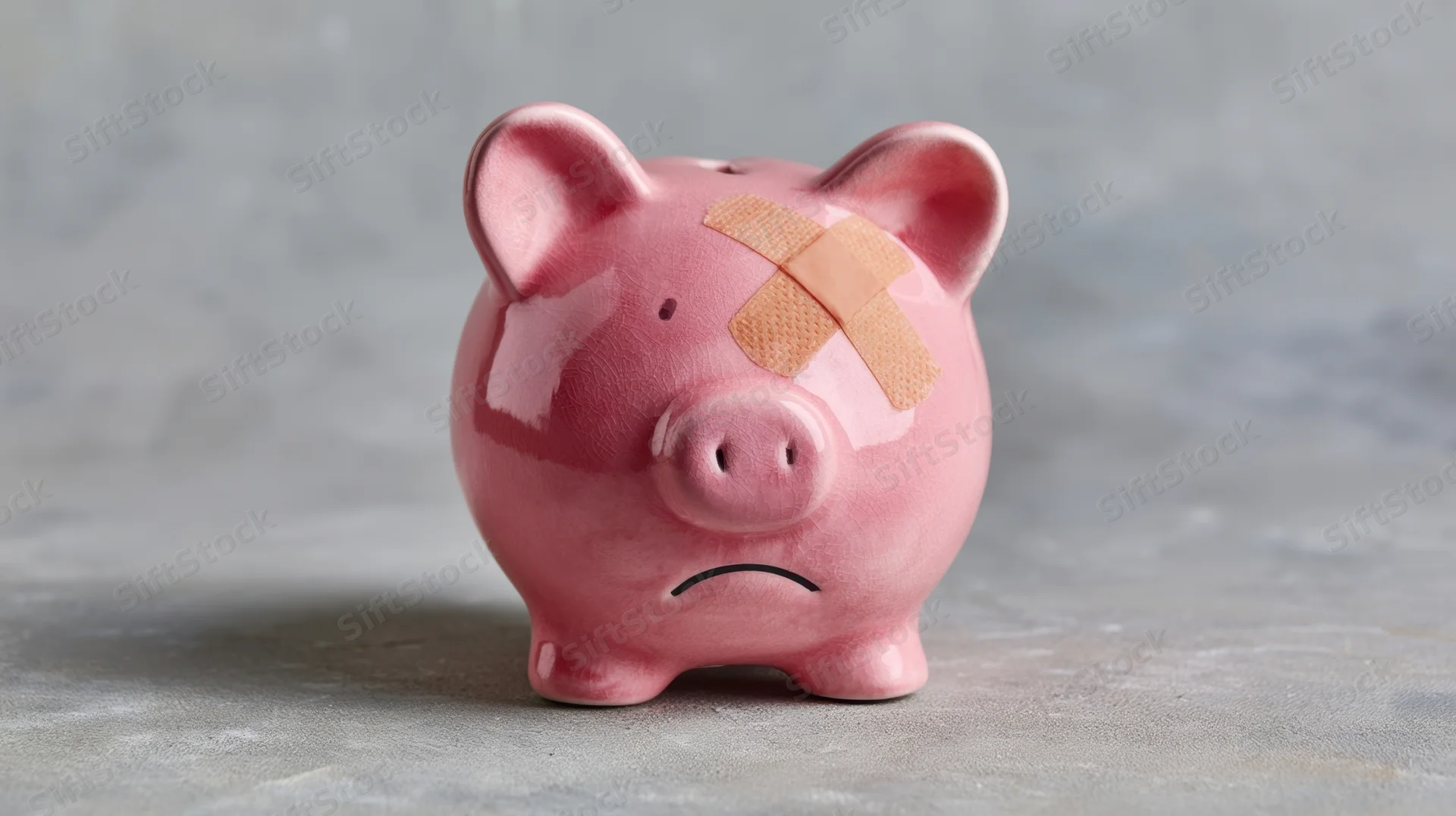 Cracked pink piggybank with bandage on forehead and frowning face on gray surface