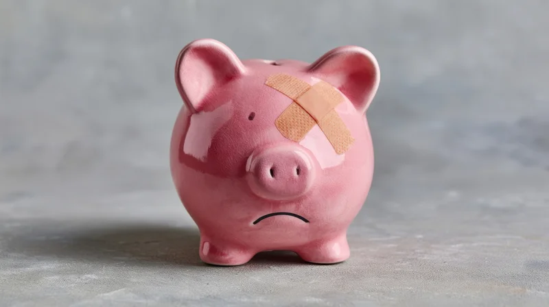 Cracked pink piggybank with bandage on forehead and frowning face on gray surface