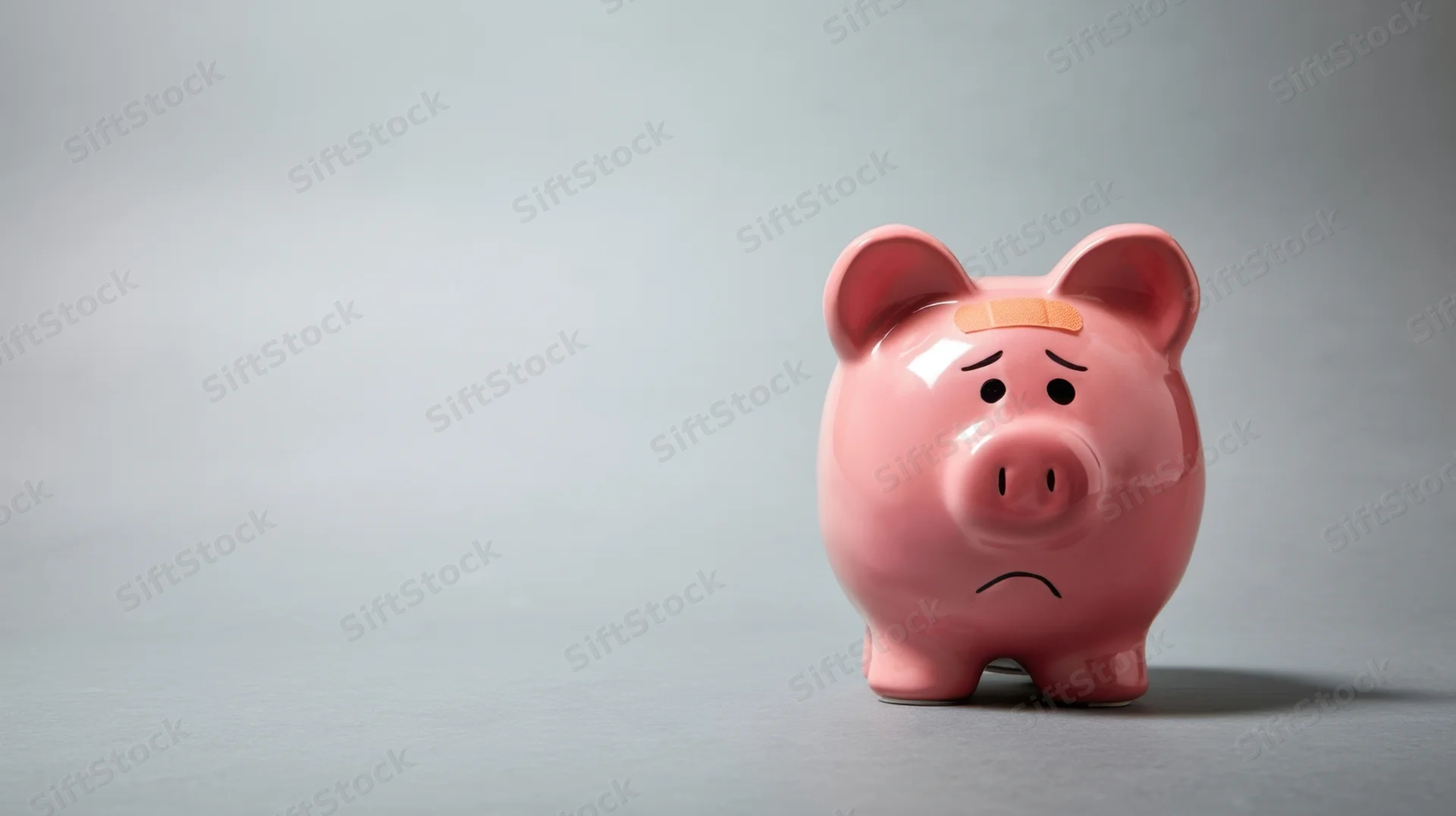 Cracked pink piggybank with bandage on forehead, sad expression, on gray surface
