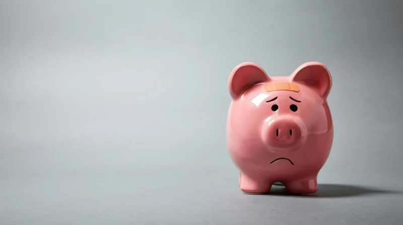 Cracked pink piggybank with bandage on forehead, sad expression, on gray surface