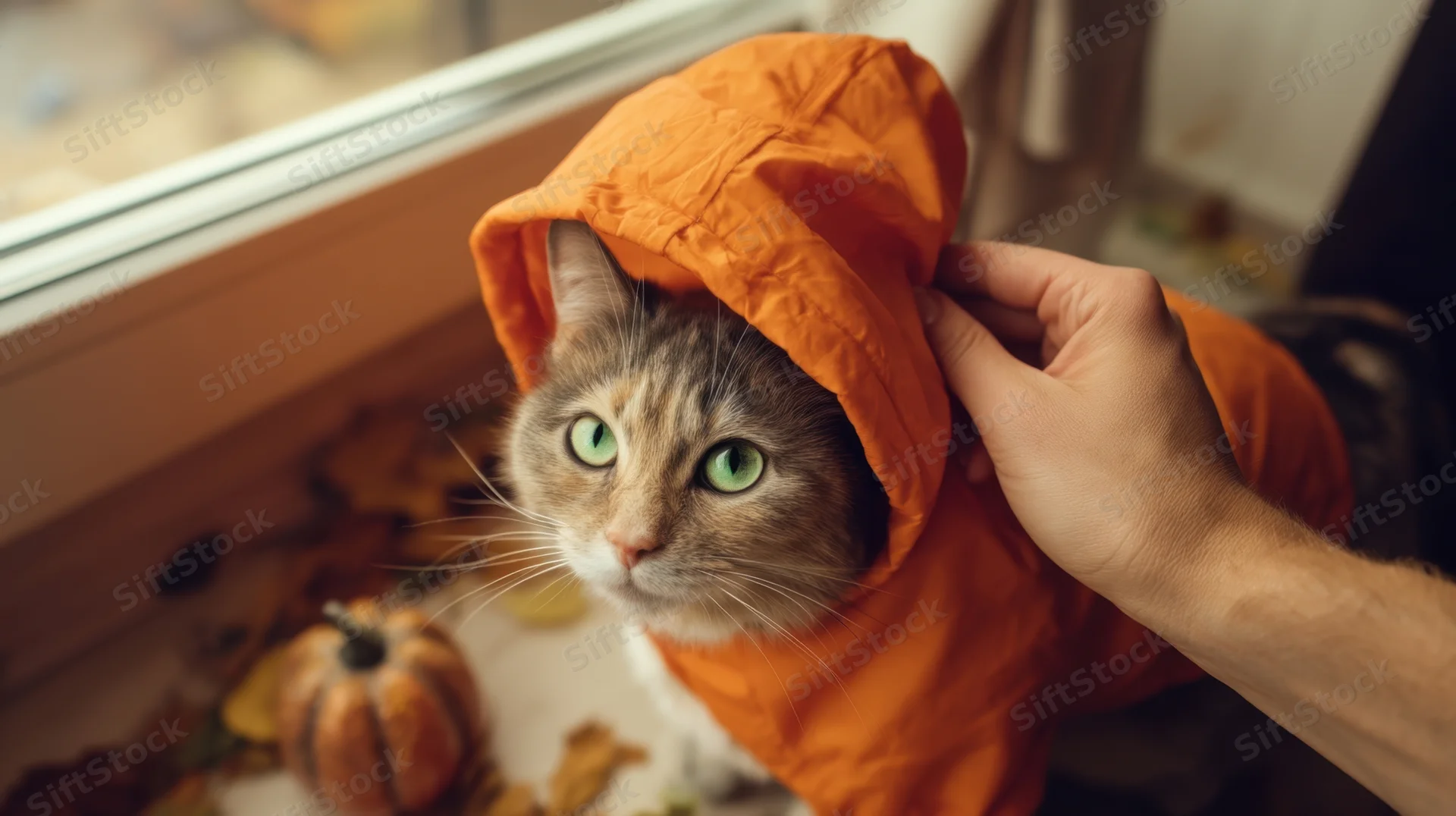 Tabby cat wearing orange hooded jacket being petted by human hand near window with autumn decorations