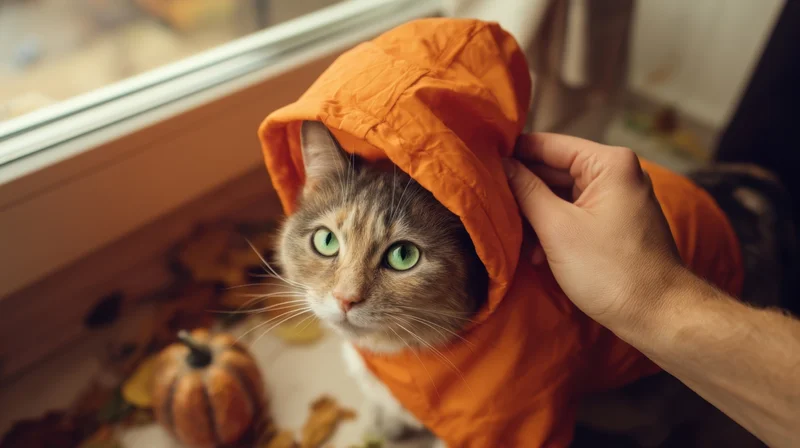 Tabby cat wearing orange hooded jacket being petted by human hand near window with autumn decorations