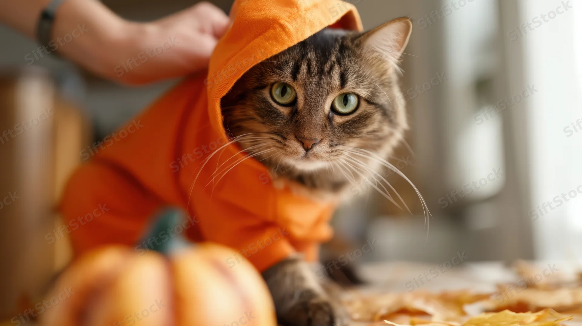 Tabby cat in orange hooded costume sitting on table with pumpkin decoration nearby