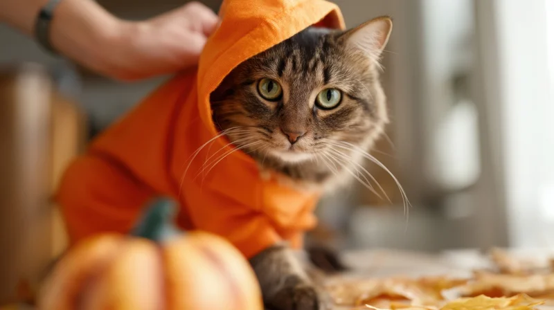 Tabby cat in orange hooded costume sitting on table with pumpkin decoration nearby