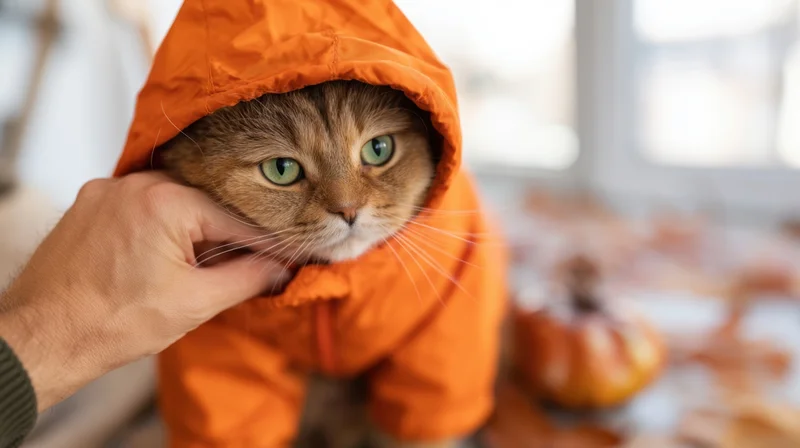 Tabby cat in orange hoodie being petted by a hand indoors near autumn decorations