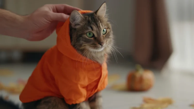 Tabby cat wearing orange hooded costume being petted indoors near pumpkin and autumn leaves