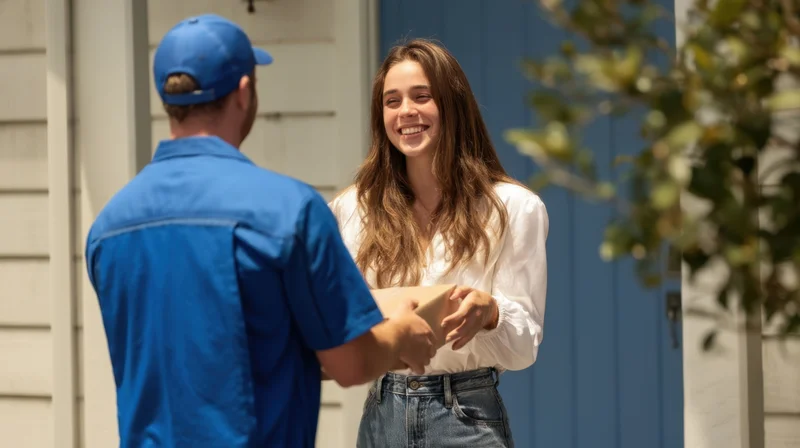 Woman receiving a package from a deliveryperson at her front door