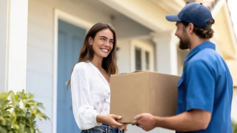 Woman receiving a cardboard package from a deliveryperson at her front door