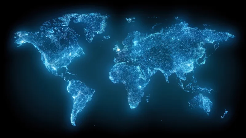 Digital world map illuminated by glowing network connections against dark background