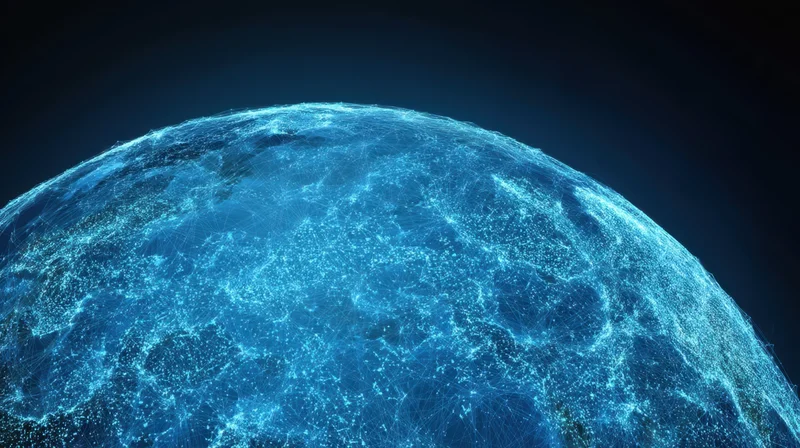 Digital wireframe globe illuminated with glowing network connections against dark space
