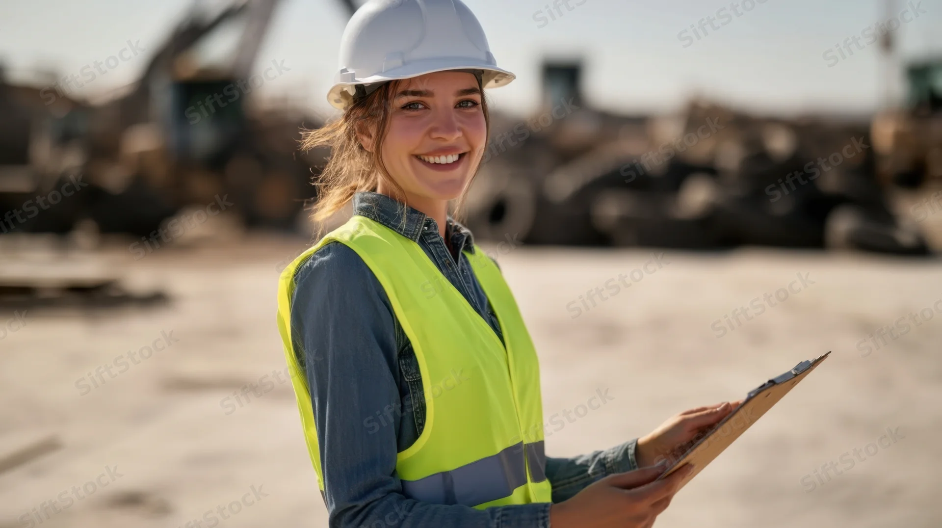 Woman in safety helmet and yellow vest holding clipboard on construction site