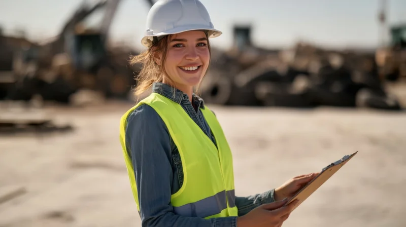 Woman in safety helmet and yellow vest holding clipboard on construction site