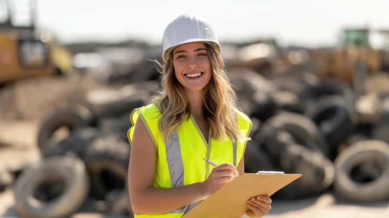 Woman in safety gear smiling while writing on clipboard at construction site