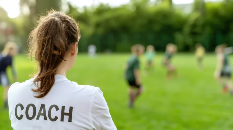 Woman coach watching children play soccer on a grass field