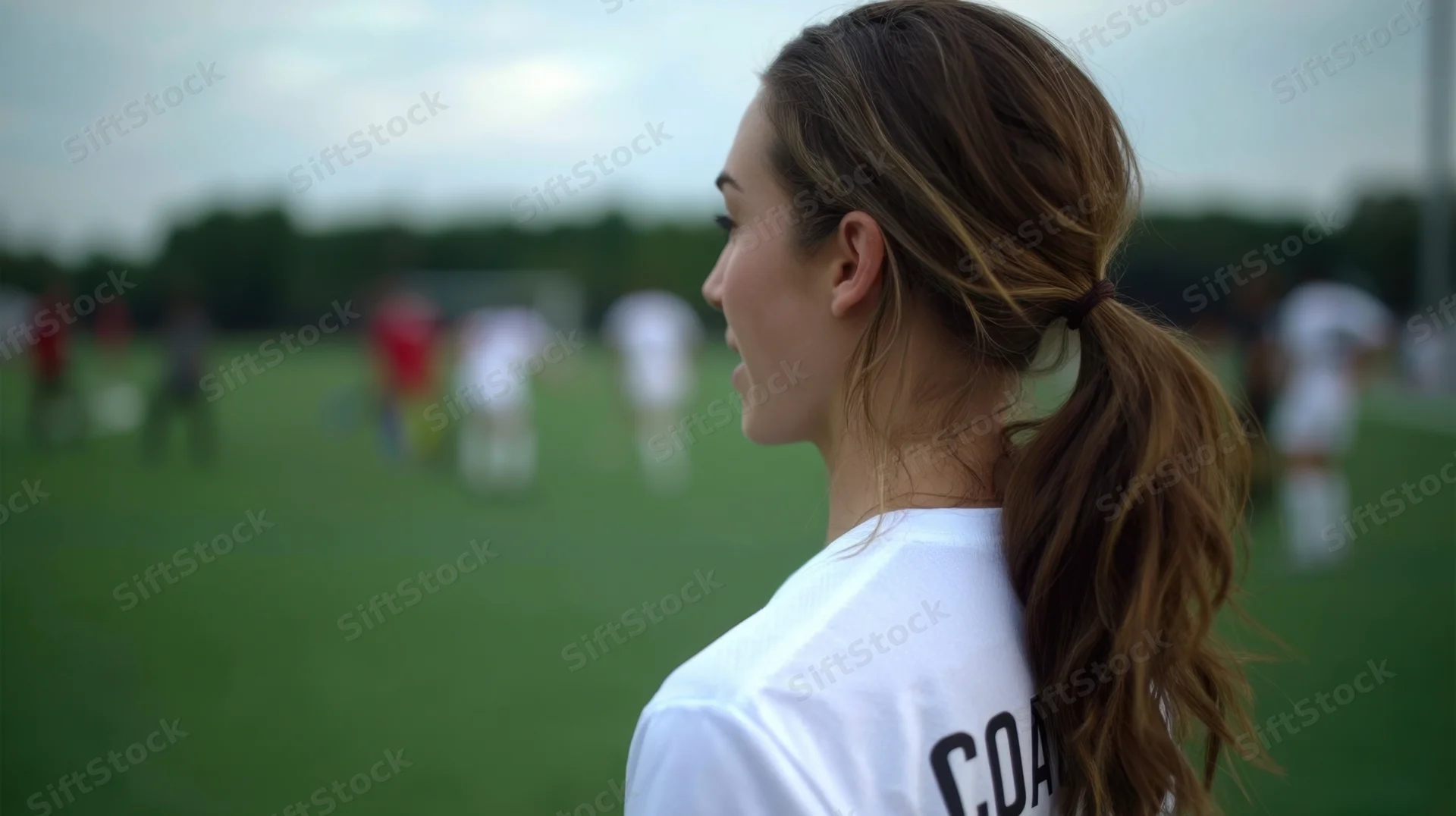 Woman coach in white jersey watching soccer game on field