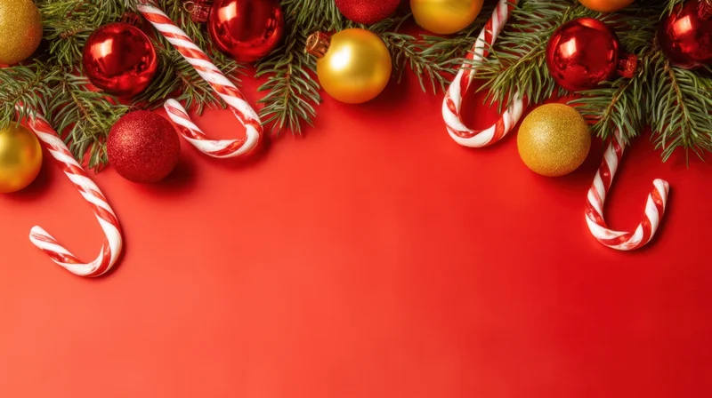 Christmas decorations arranged along the top of a red surface with copyspace below