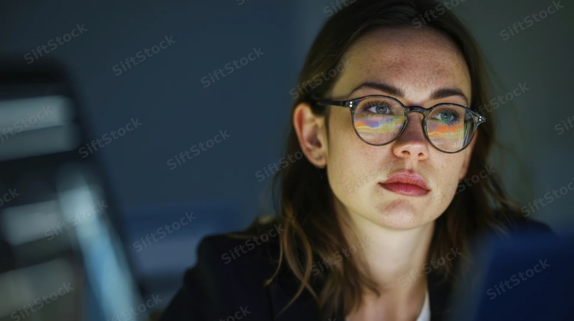 Woman wearing glasses focused on computer screen in office setting