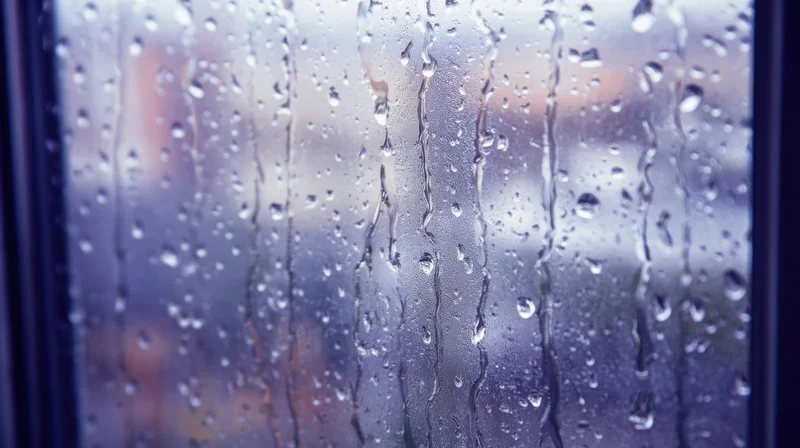 Raindrops on a window glass with blurred outdoor view through condensation