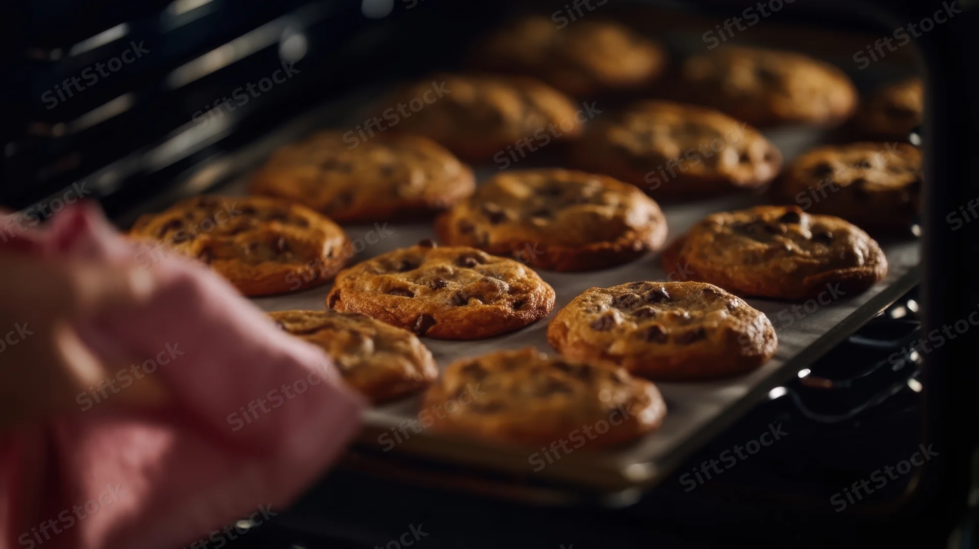 Hand pulling tray of golden chocolate chip cookies from oven with pink towel