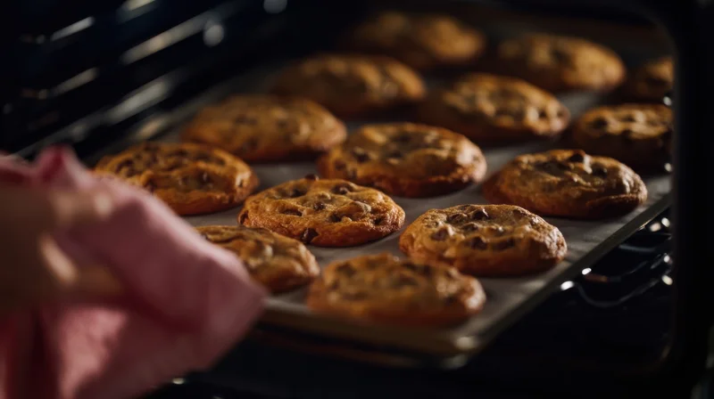 Hand pulling tray of golden chocolate chip cookies from oven with pink towel