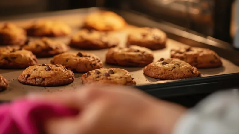 Freshly baked chocolate chip cookies on a parchment-lined tray in a kitchen, hand holding a pink cloth in the foreground