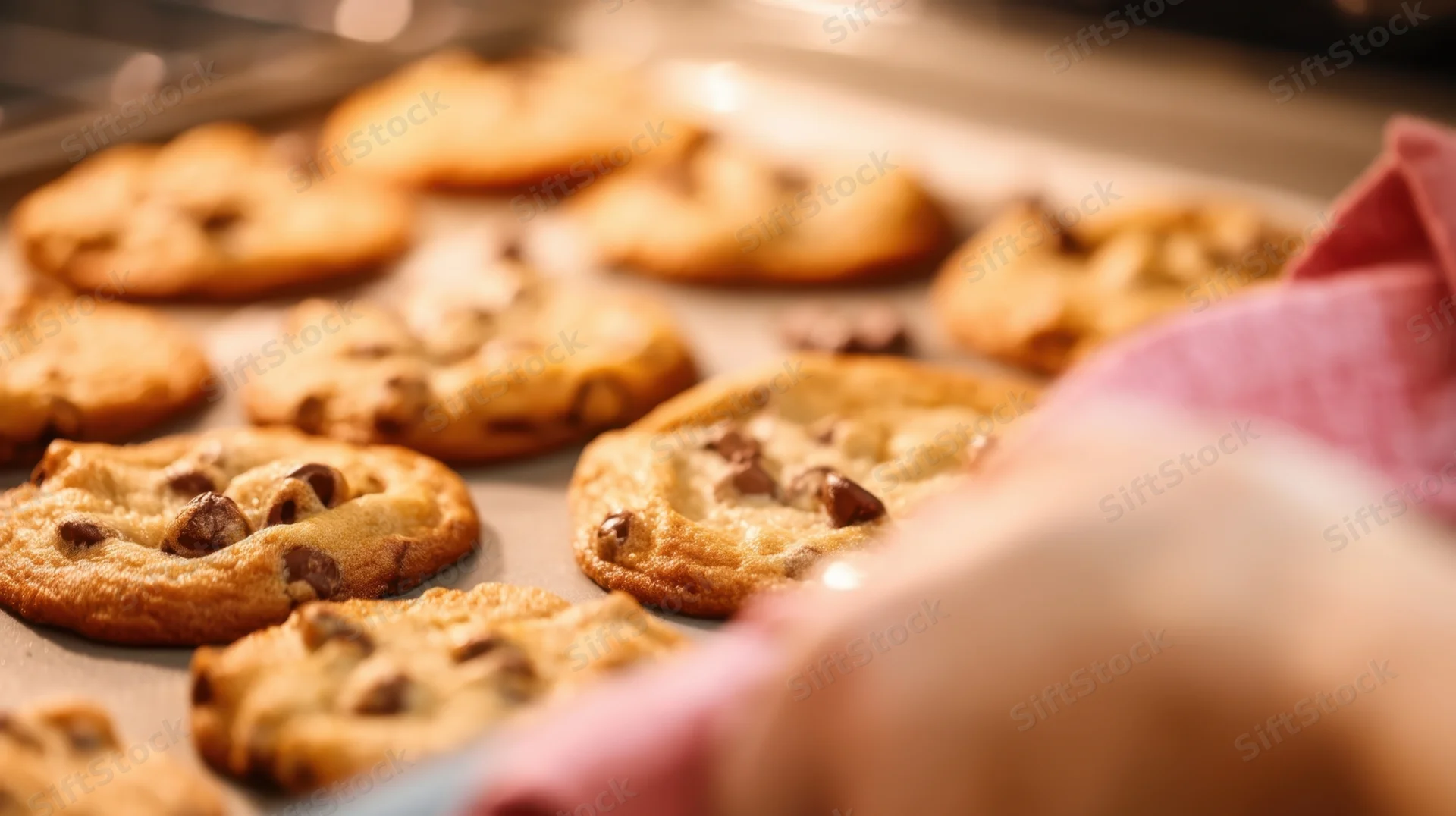 Freshly baked chocolate chip cookies on a baking tray in a kitchen, with a pink cloth nearby