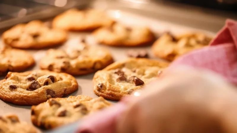 Freshly baked chocolate chip cookies on a baking tray in a kitchen, with a pink cloth nearby