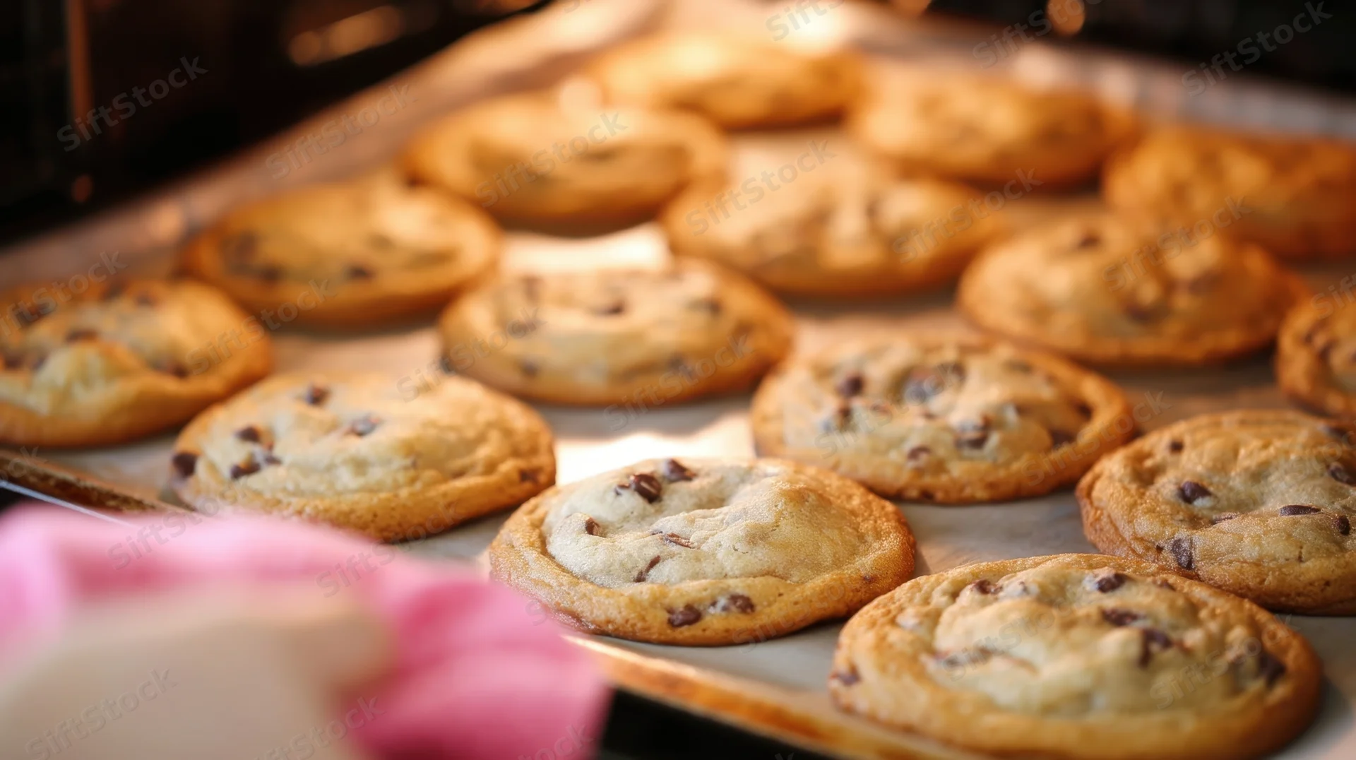 Chocolate chip cookies baking on a tray in an oven, golden and fresh, with a pink cloth in the foreground