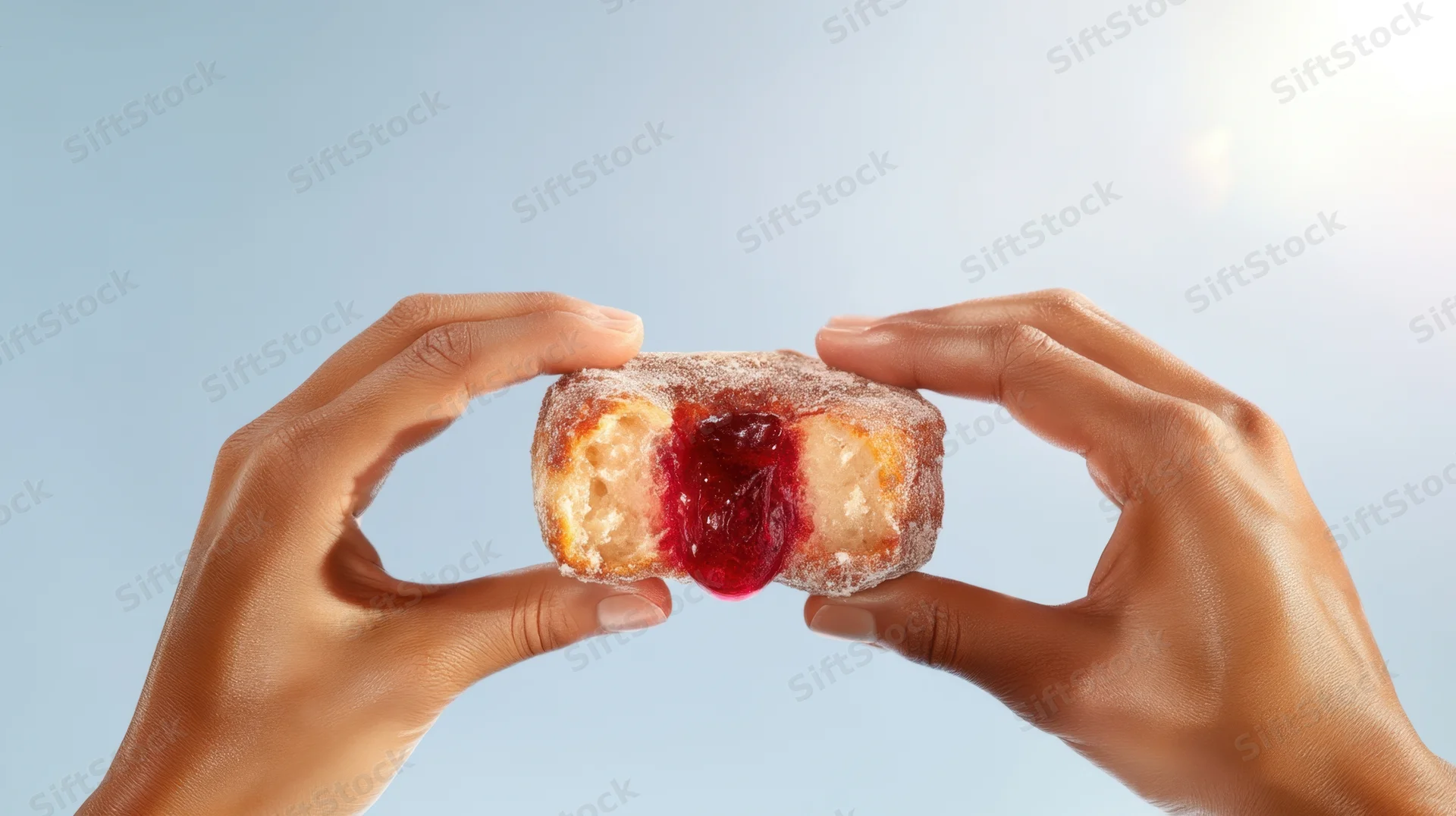 Hands holding a jelly-filled donut split in half against a light blue background