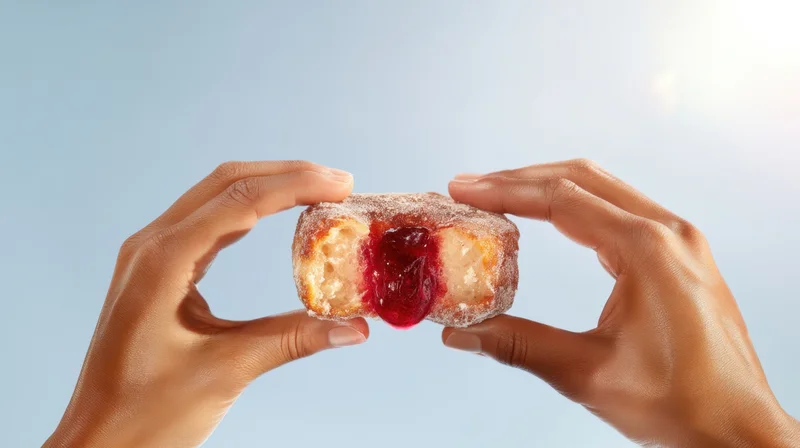 Hands holding a jelly-filled donut split in half against a light blue background
