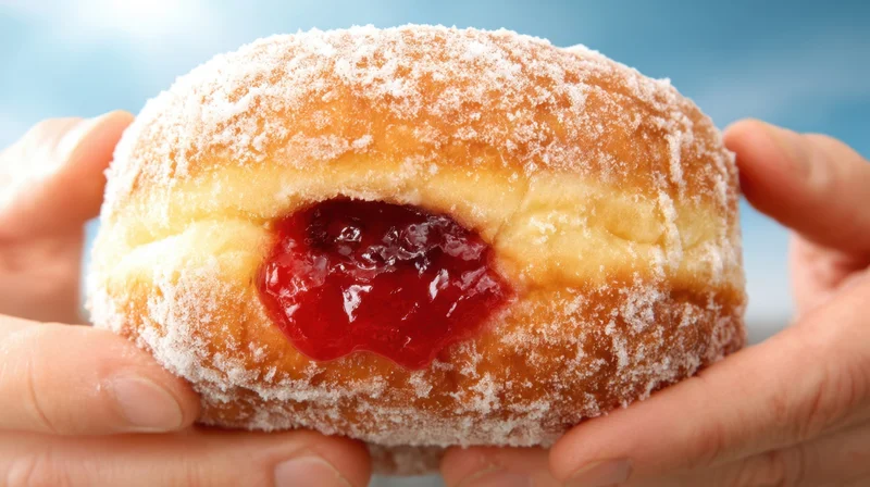 Hands holding a sugar-coated donut with red jelly filling against a blue background