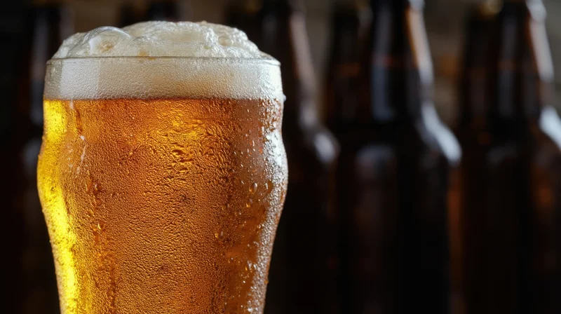 Chilled amber beer in a glass with frothy head and condensation, set against blurred dark bottles in a bar setting