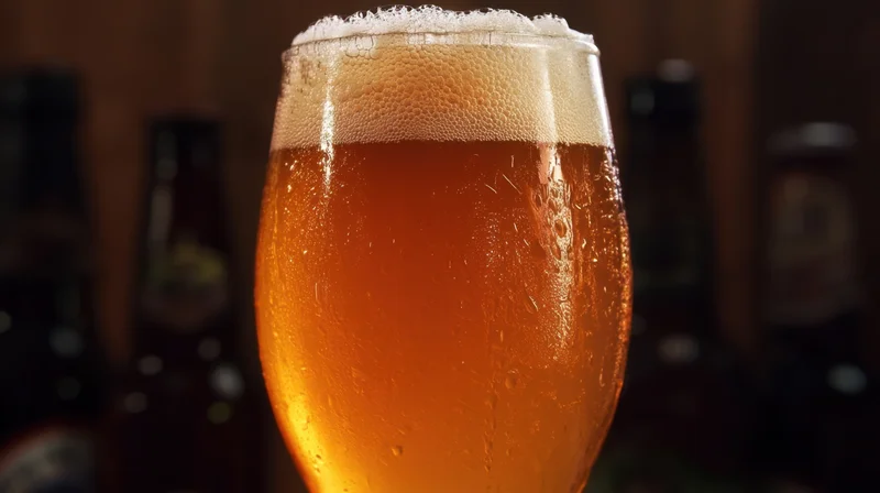 Amber beer in a glass with froth and condensation, set against a dark wooden bar background