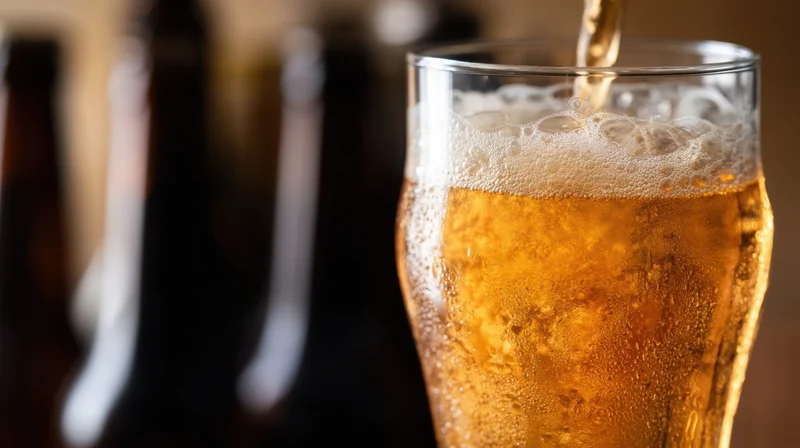 Golden beer being poured into a glass with froth and condensation, in a bar setting
