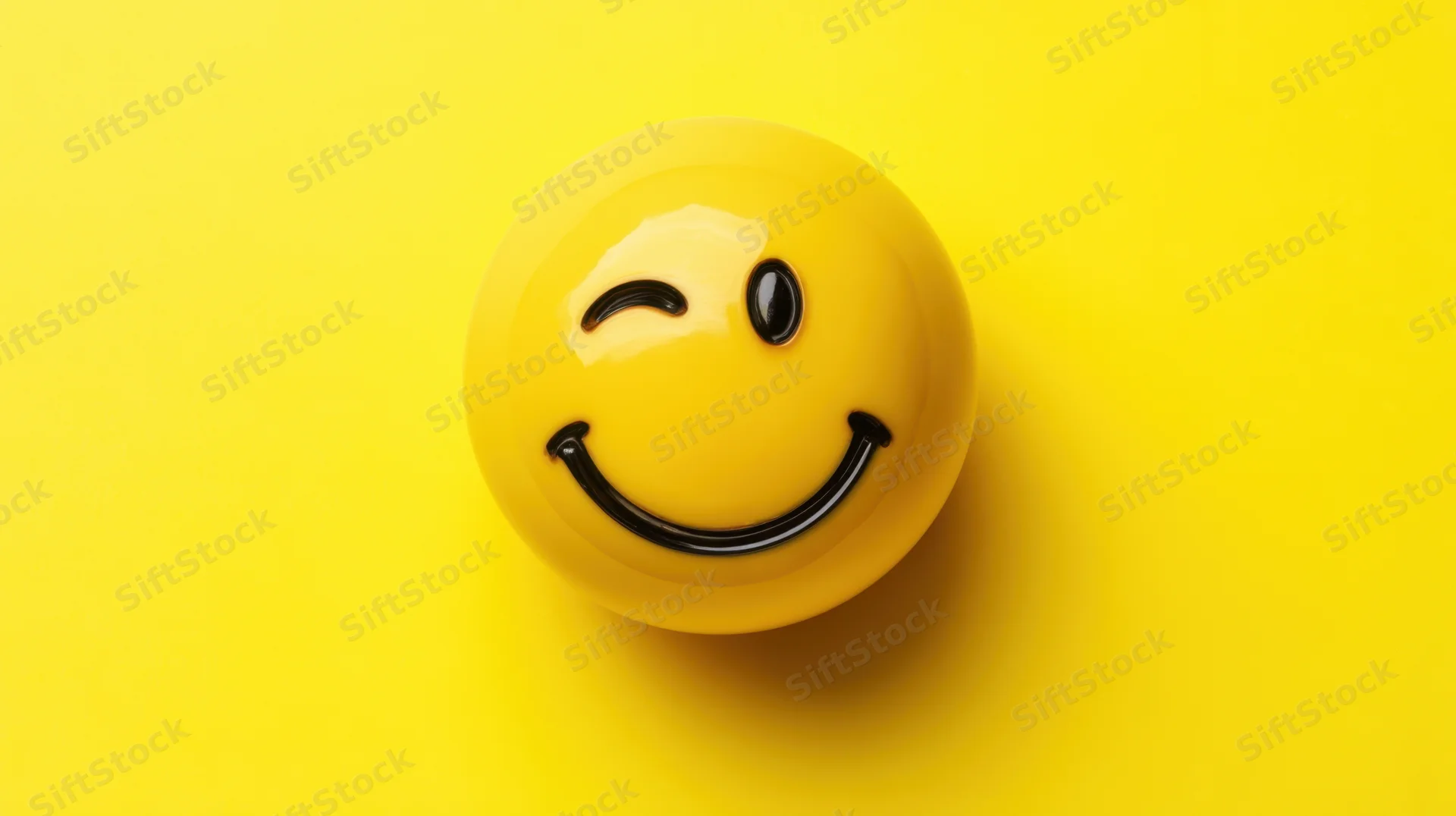 Glossy yellow smiley ball with winking face on yellow background