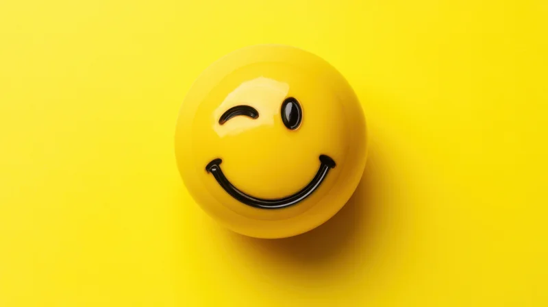 Glossy yellow smiley ball with winking face on yellow background