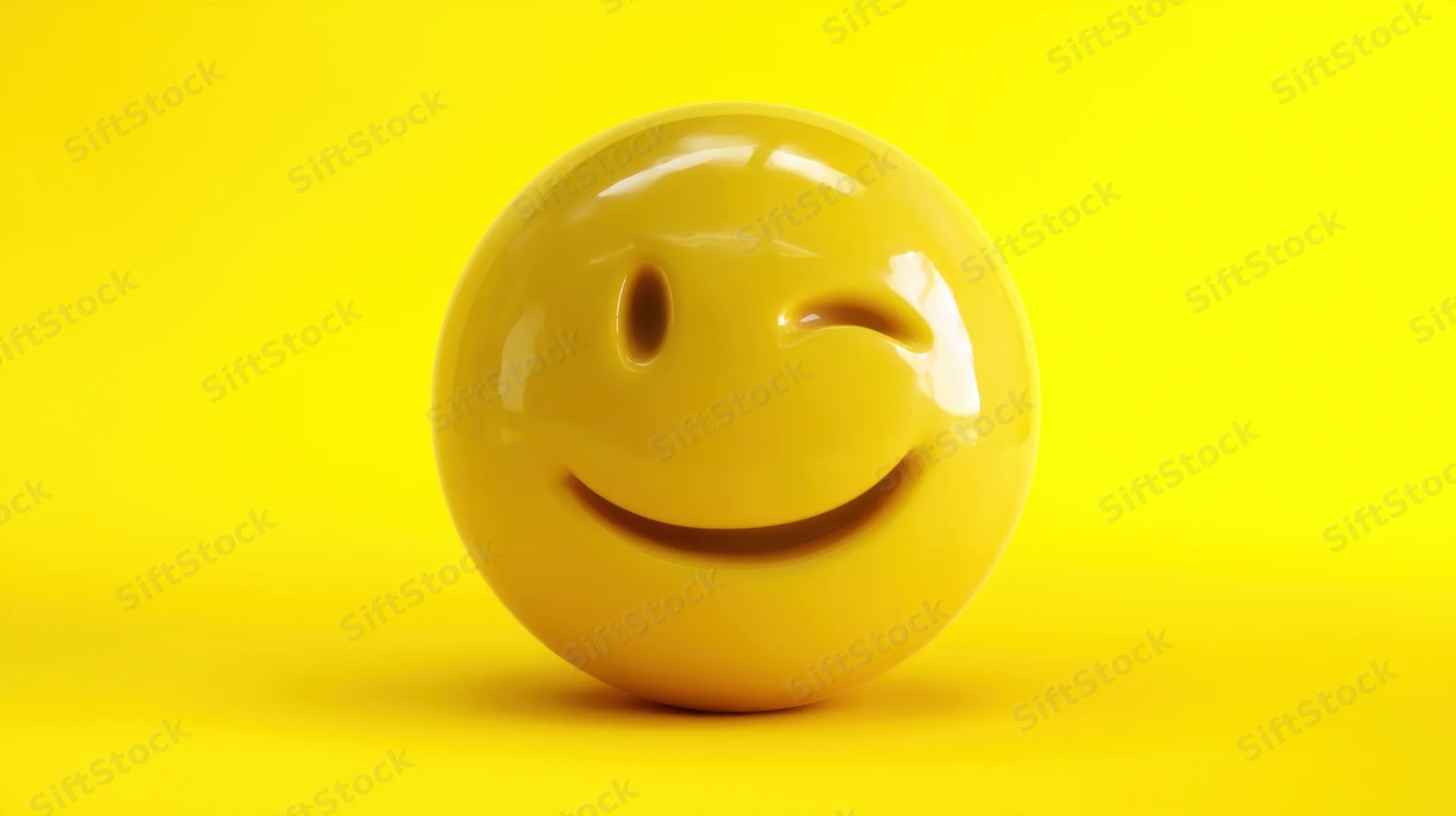 Glossy yellow winking smiley sphere on yellow background with copyspace