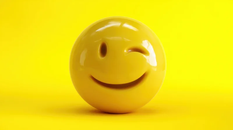 Glossy yellow winking smiley sphere on yellow background with copyspace